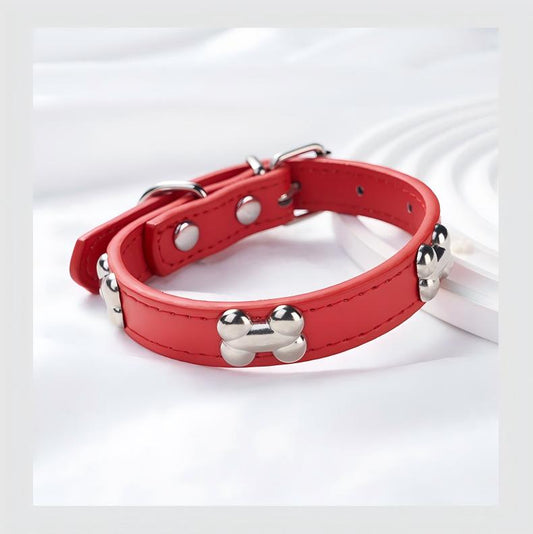AuriPaw Adjustable Pet Collar with Bone Decoration – Stylish PU Leather Dog Collar with Metal Charm, Comfortable & Durable Everyday Wear