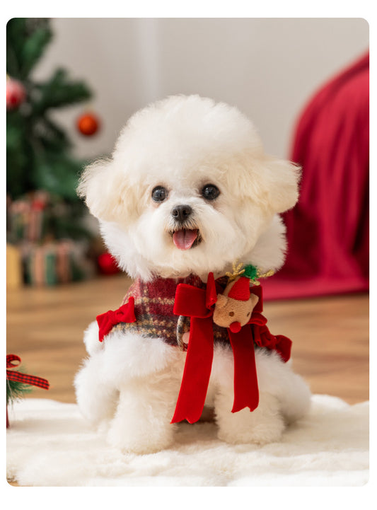 AuriPaw Classic Plaid Dog Christmas Cape – Thickened Fleece-Lined Winter Coat for Small Pets, Warm Holiday Outfit & Cold-Weather Protection