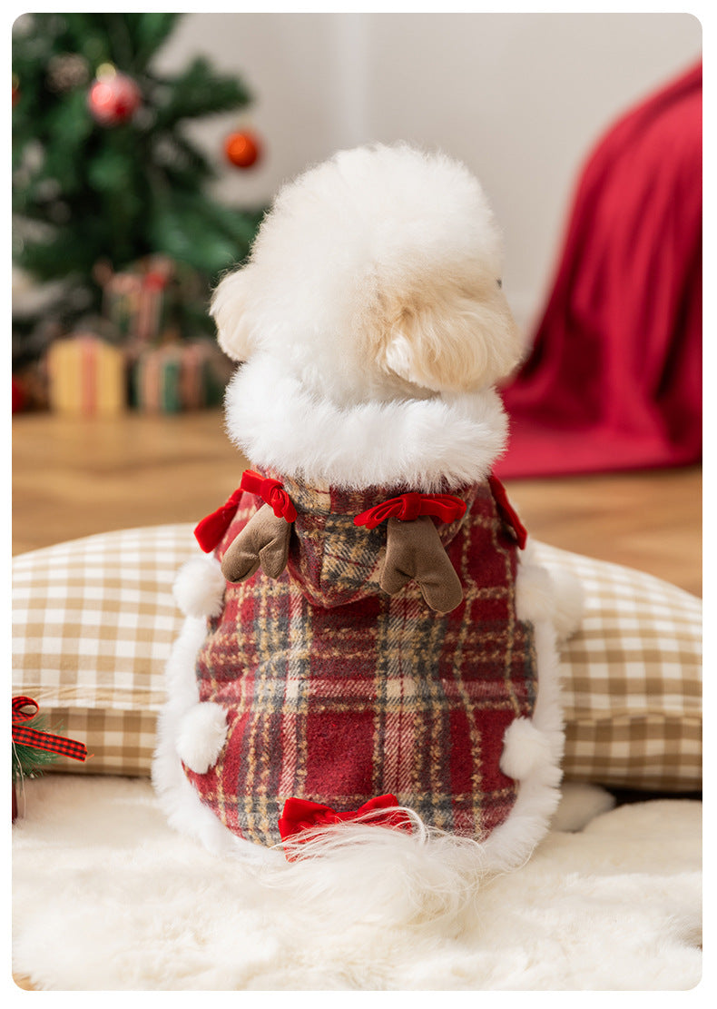 AuriPaw Classic Plaid Dog Christmas Cape – Thickened Fleece-Lined Winter Coat for Small Pets, Warm Holiday Outfit & Cold-Weather Protection