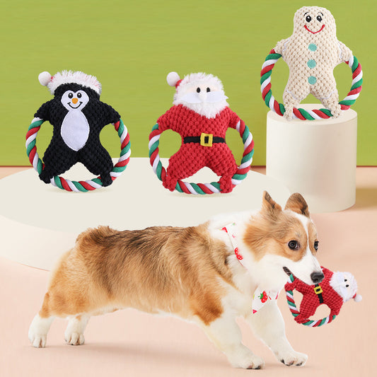 Christmas Plush Dog Toy – Squeaky Chew & Interactive Cotton Rope Pet Toy