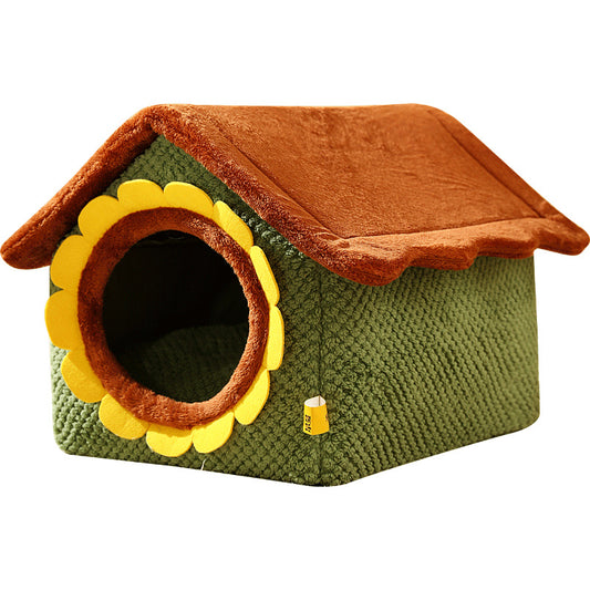 Cute Semi-Enclosed Cat Bed – Cartoon Design, Warm & Washable for Autumn/Winter