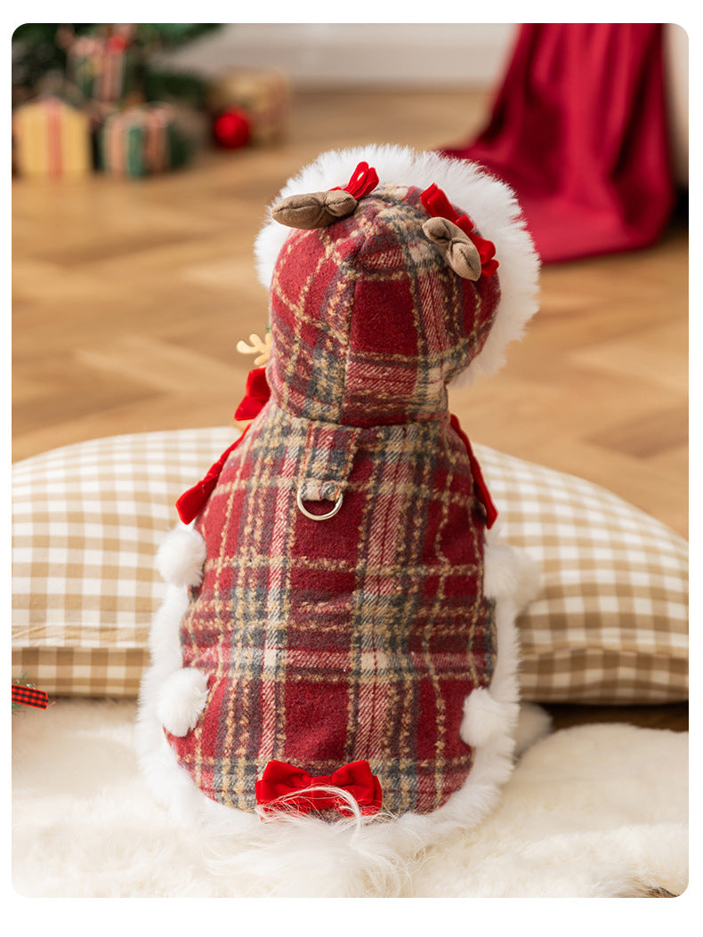AuriPaw Classic Plaid Dog Christmas Cape – Thickened Fleece-Lined Winter Coat for Small Pets, Warm Holiday Outfit & Cold-Weather Protection