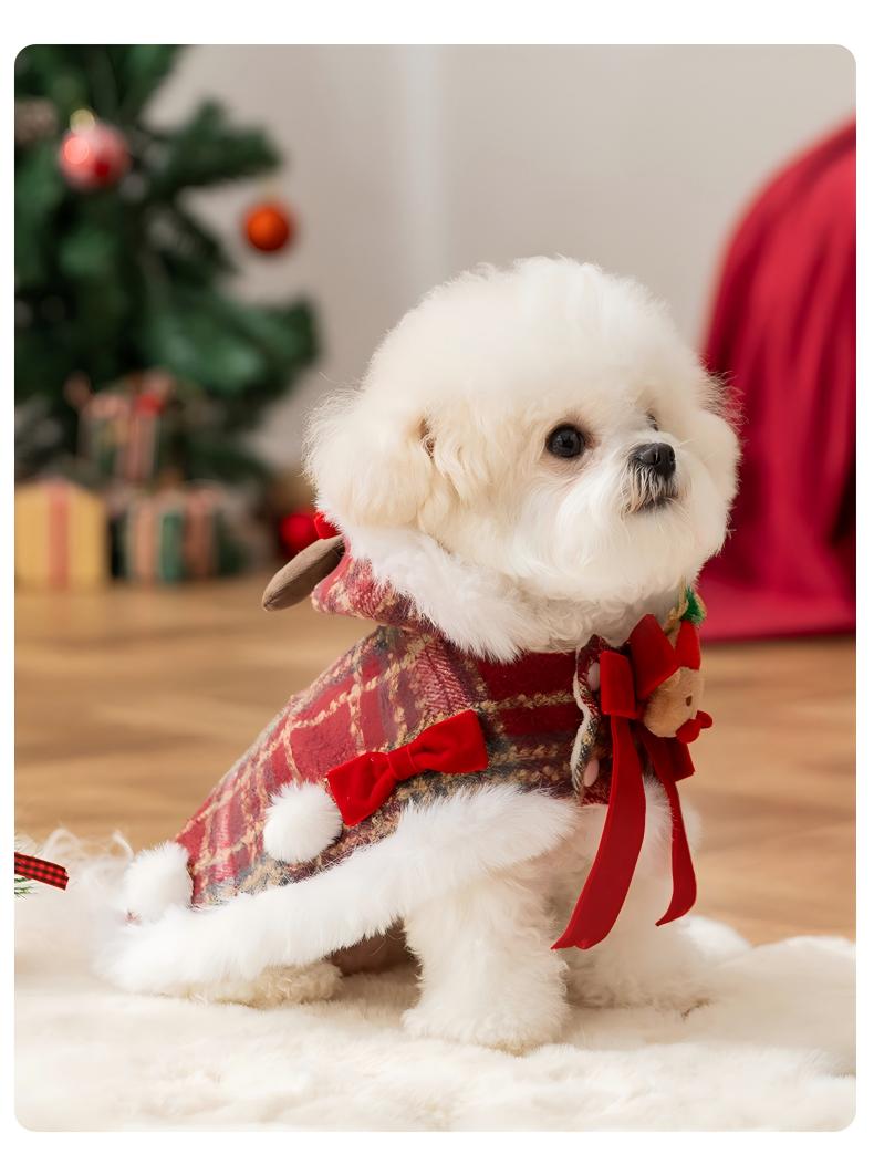 AuriPaw Classic Plaid Dog Christmas Cape – Thickened Fleece-Lined Winter Coat for Small Pets, Warm Holiday Outfit & Cold-Weather Protection