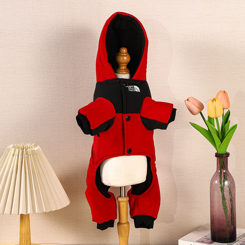 Outdoor Winter Dog Jacket, Thick Fleece-Lined Hooded Pet Jumpsuit, Warm Padded Coat for Cold Weather