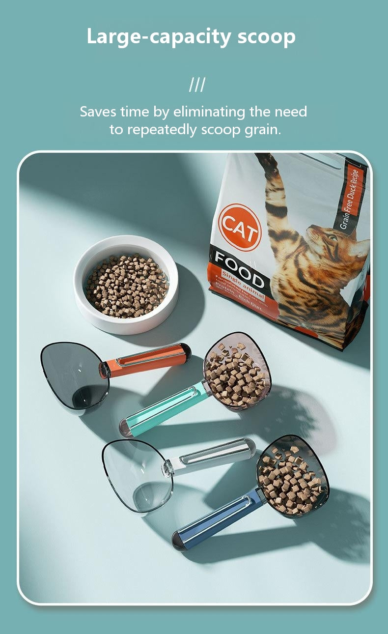 Pet Food Scoop with Stainless Steel Bag Clip – Large Handle, Measuring Scale for Cat & Dog Kibble