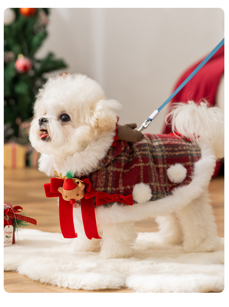 AuriPaw Classic Plaid Dog Christmas Cape – Thickened Fleece-Lined Winter Coat for Small Pets, Warm Holiday Outfit & Cold-Weather Protection