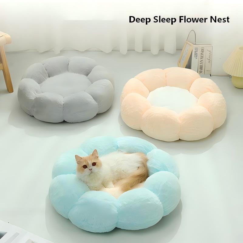 Winter Warm Flower Cat Bed, Round Plush Pet Nest for Cats and Small Dogs