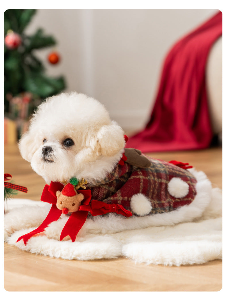 AuriPaw Classic Plaid Dog Christmas Cape – Thickened Fleece-Lined Winter Coat for Small Pets, Warm Holiday Outfit & Cold-Weather Protection