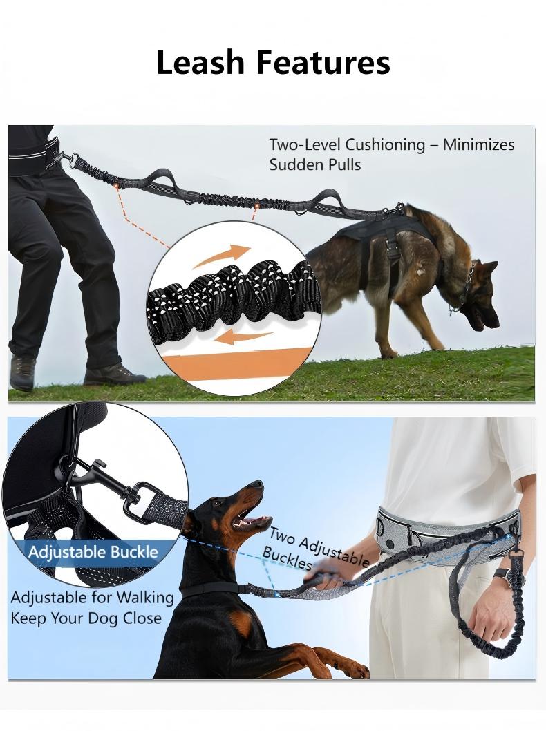 Hands-Free Running Dog Leash with Waist Belt – Shock-Absorbing, Reflective Nylon Retractable Pet Leash for Jogging & Walking