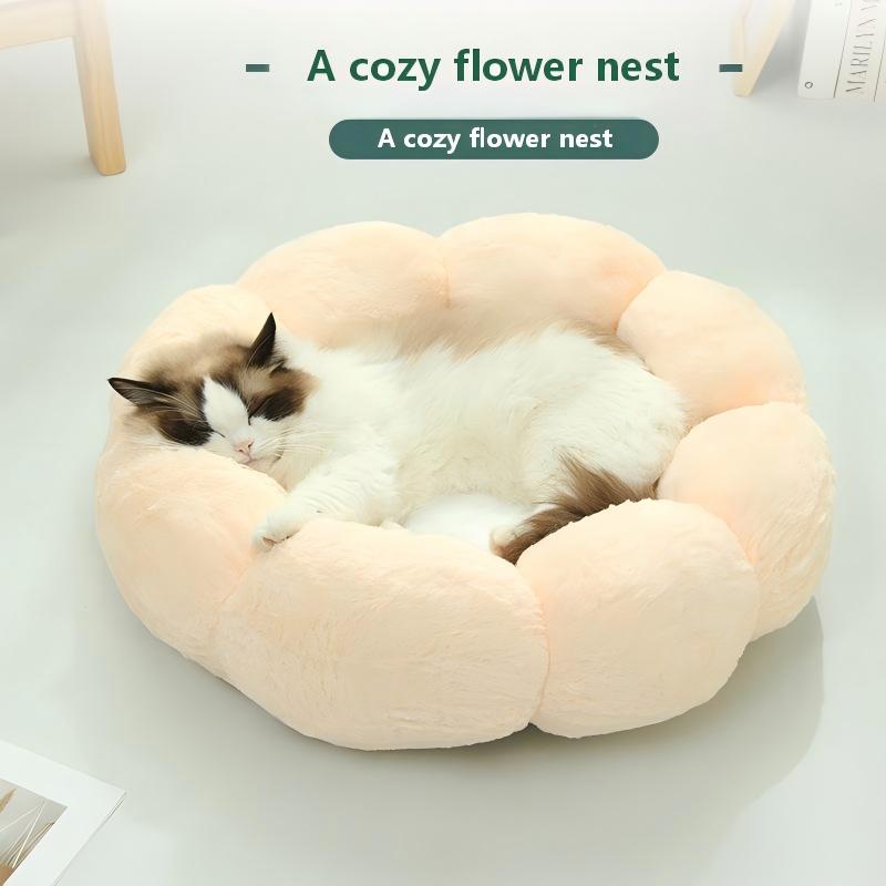 Winter Warm Flower Cat Bed, Round Plush Pet Nest for Cats and Small Dogs