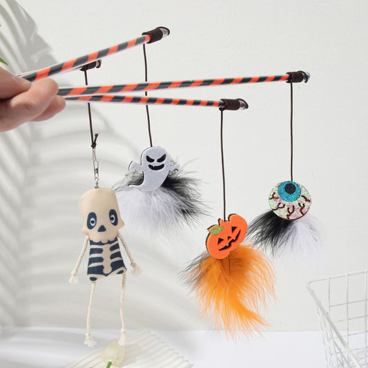 Halloween Cat Teaser Wand Toy – Pumpkin & Ghost Design with Feathers and Bells