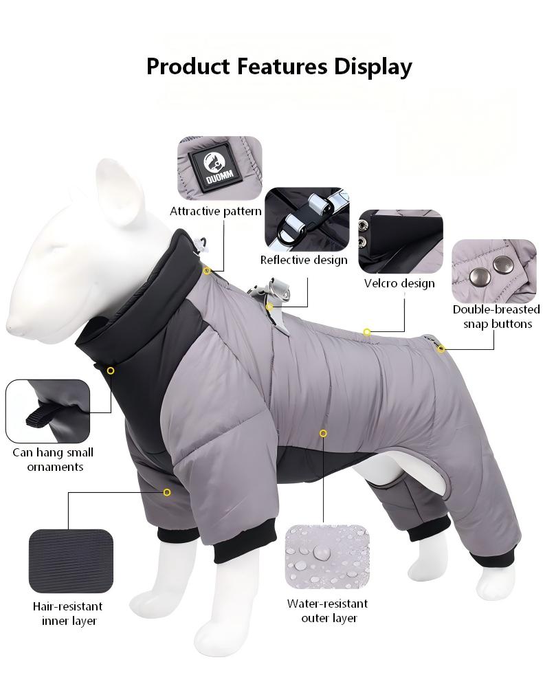 AuriPaw Thick Winter Dog Jumpsuit – Waterproof & Reflective Four-Leg Cotton Pet Jacket, Warm Full-Body Coat for Cold Weather